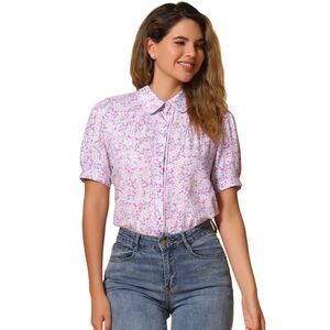 Peter Pan Collar Contrast Trim Puff Sleeve Peasant Floral Shirt Light Purple